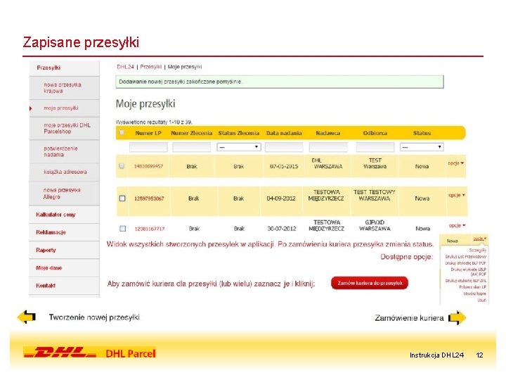 Zapisane przesyłki Instrukcja DHL 24 12 