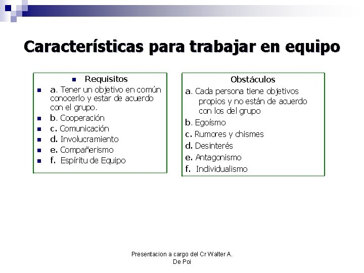 Características para trabajar en equipo Requisitos a. Tener un objetivo en común conocerlo y