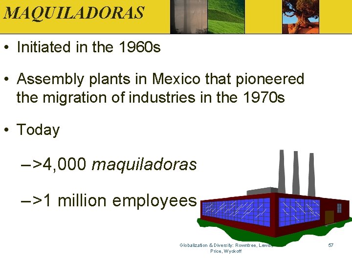 MAQUILADORAS • Initiated in the 1960 s • Assembly plants in Mexico that pioneered