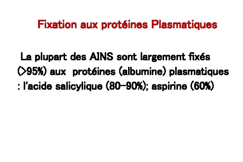 Fixation aux protéines Plasmatiques La plupart des AINS sont largement fixés (>95%) aux protéines