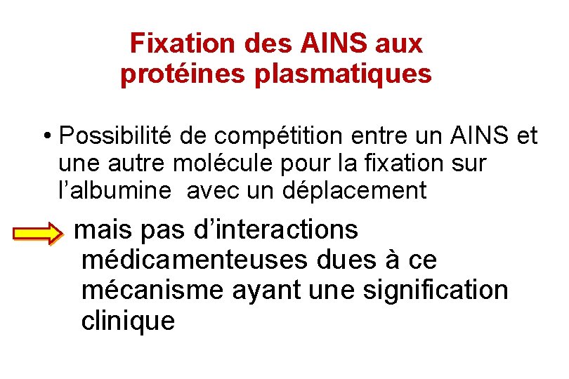 Fixation des AINS aux protéines plasmatiques • Possibilité de compétition entre un AINS et