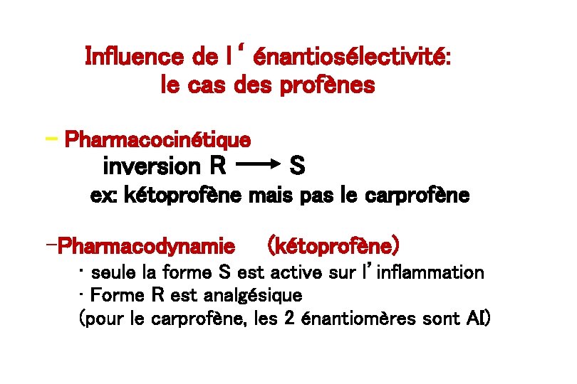 Influence de l‘ énantiosélectivité: le cas des profènes - Pharmacocinétique inversion R S ex: