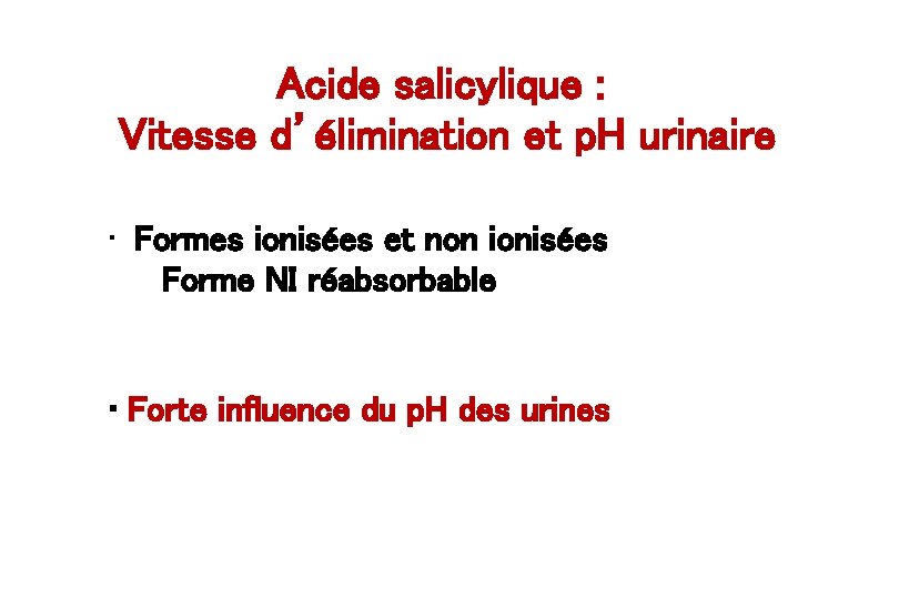 Acide salicylique : Vitesse d’élimination et p. H urinaire • Formes ionisées et non