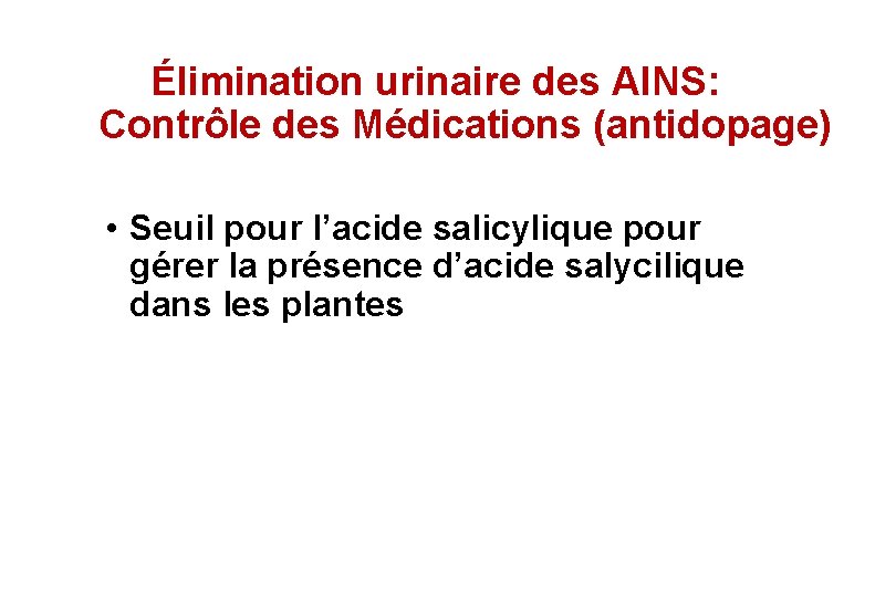 Élimination urinaire des AINS: Contrôle des Médications (antidopage) • Seuil pour l’acide salicylique pour