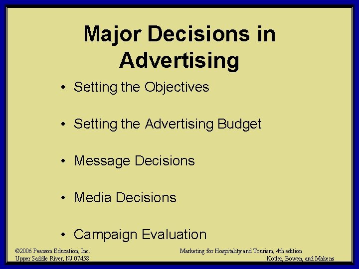Major Decisions in Advertising • Setting the Objectives • Setting the Advertising Budget •