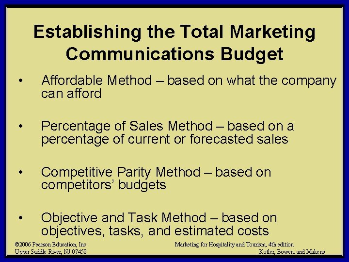 Establishing the Total Marketing Communications Budget • Affordable Method – based on what the