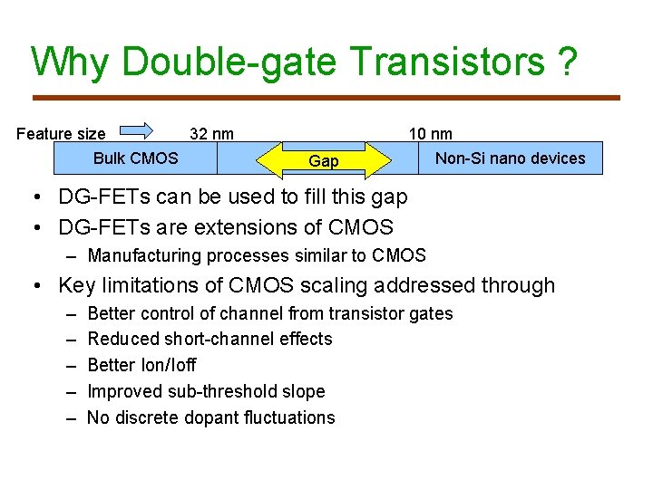 Why Double-gate Transistors ? Feature size 32 nm Bulk CMOS DG-FETs Gap 10 nm