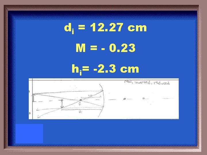 di = 12. 27 cm M = - 0. 23 hi= -2. 3 cm