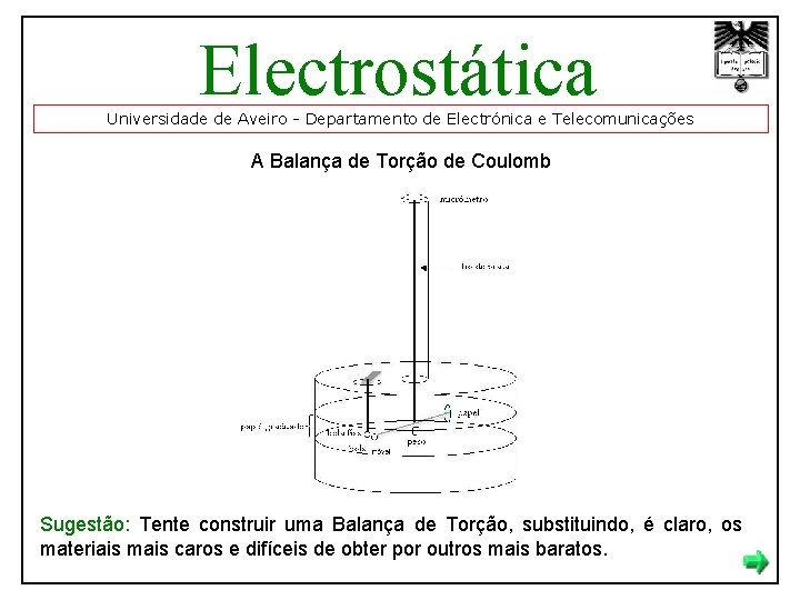 Electrostática Universidade de Aveiro - Departamento de Electrónica e Telecomunicações A Balança de Torção