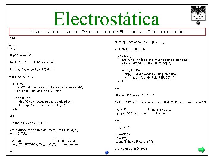 Electrostática Universidade de Aveiro - Departamento de Electrónica e Telecomunicações clear N 1 =