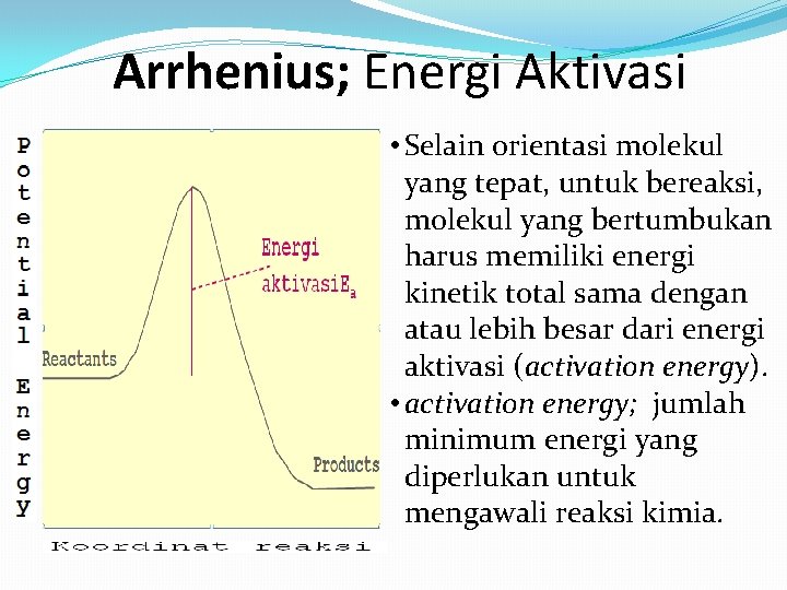 Arrhenius; Energi Aktivasi • Selain orientasi molekul yang tepat, untuk bereaksi, molekul yang bertumbukan