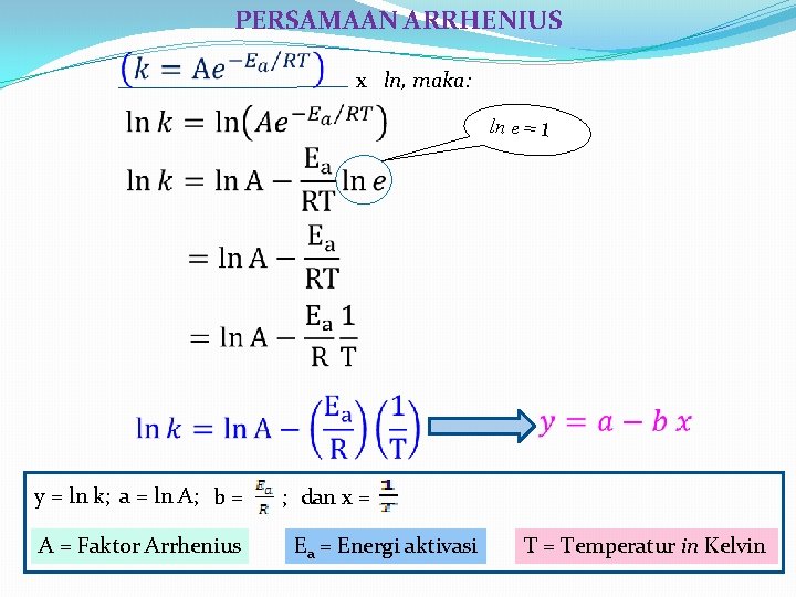 PERSAMAAN ARRHENIUS x ln, maka: ln e = 1 y = ln k; a