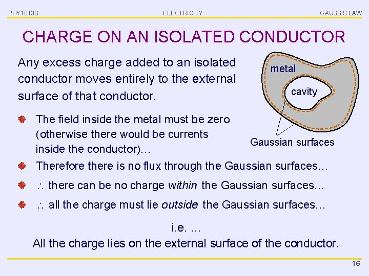 PHY 1013 S ELECTRICITY GAUSS’S LAW CHARGE ON AN ISOLATED CONDUCTOR Any excess charge