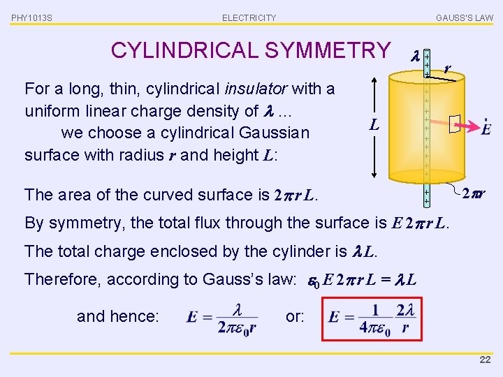 PHY 1013 S ELECTRICITY GAUSS’S LAW CYLINDRICAL SYMMETRY For a long, thin, cylindrical insulator