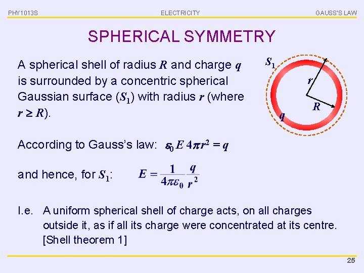 PHY 1013 S ELECTRICITY GAUSS’S LAW SPHERICAL SYMMETRY A spherical shell of radius R