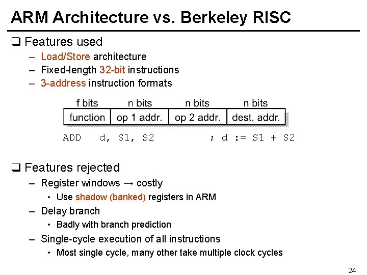 ARM Architecture vs. Berkeley RISC q Features used – Load/Store architecture – Fixed-length 32