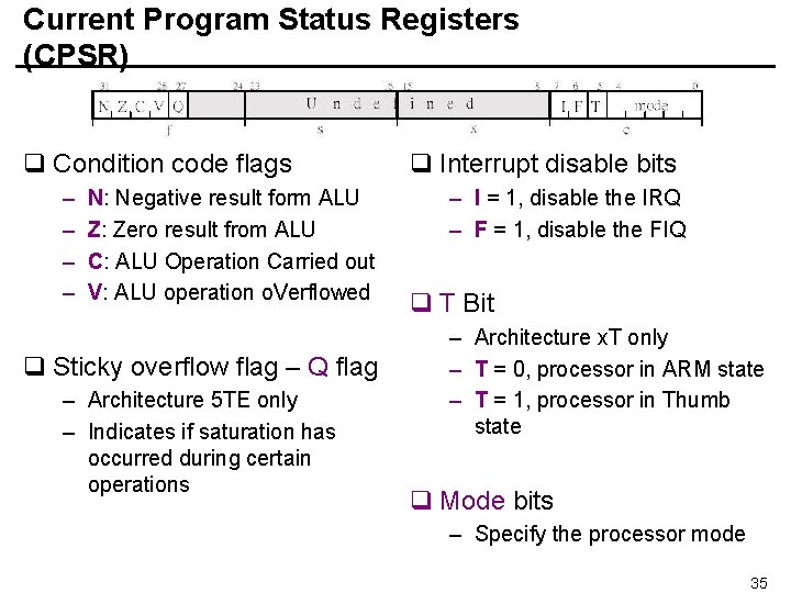 Current Program Status Registers (CPSR) q Condition code flags – – N: Negative result