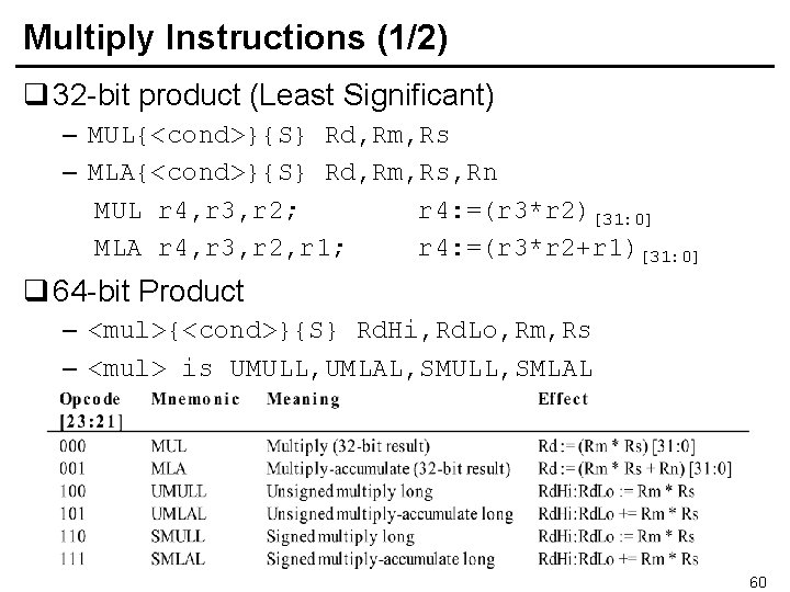 Multiply Instructions (1/2) q 32 -bit product (Least Significant) – MUL{<cond>}{S} Rd, Rm, Rs