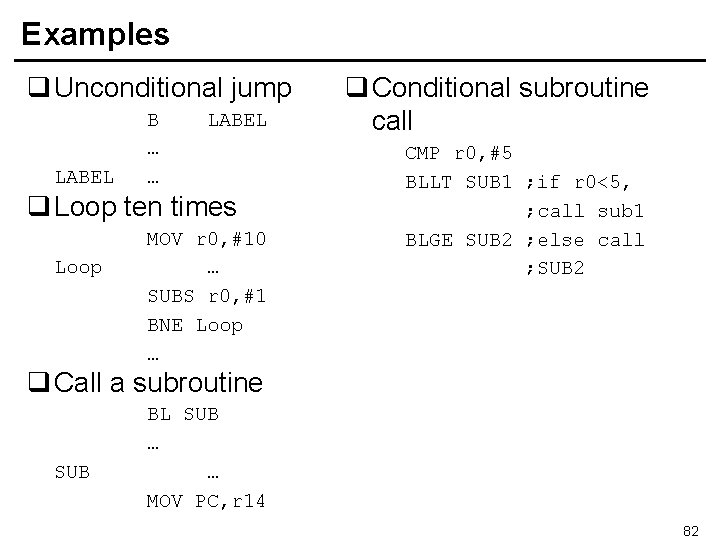 Examples q Unconditional jump LABEL B … … LABEL q Loop ten times Loop