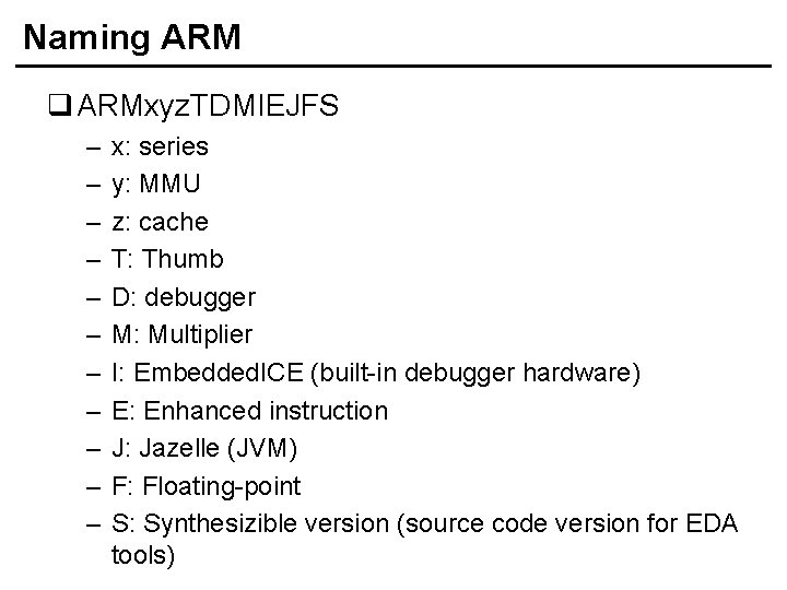 Naming ARM q ARMxyz. TDMIEJFS – – – x: series y: MMU z: cache