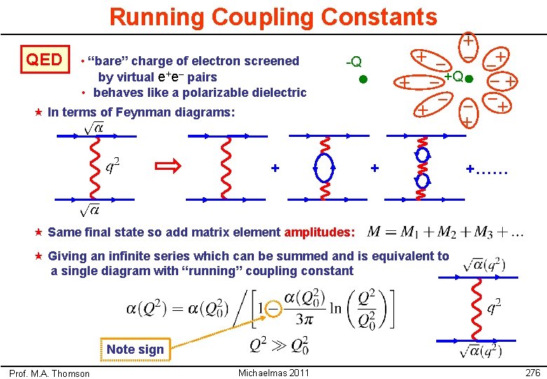 Running Coupling Constants QED • “bare” charge of electron screened by virtual e+e– pairs
