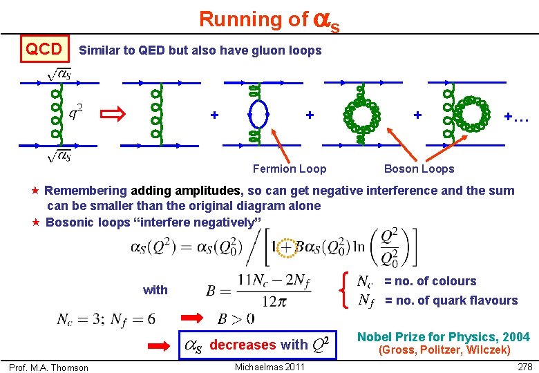 Running of as QCD Similar to QED but also have gluon loops + +