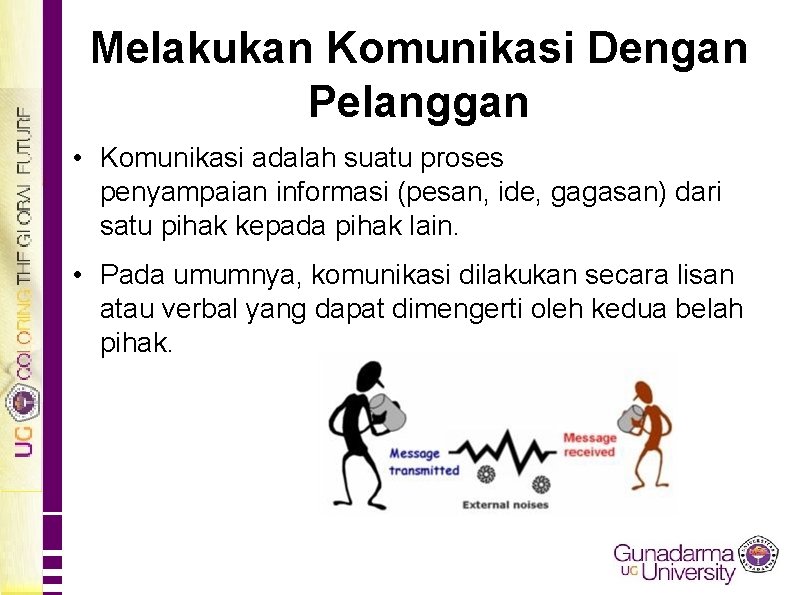 Melakukan Komunikasi Dengan Pelanggan • Komunikasi adalah suatu proses penyampaian informasi (pesan, ide, gagasan)