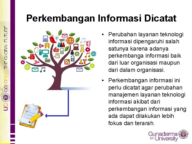 Perkembangan Informasi Dicatat • Perubahan layanan teknologi informasi dipengaruhi salah satunya karena adanya perkembanga