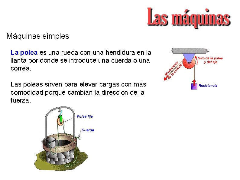 Máquinas simples La polea es una rueda con una hendidura en la llanta por