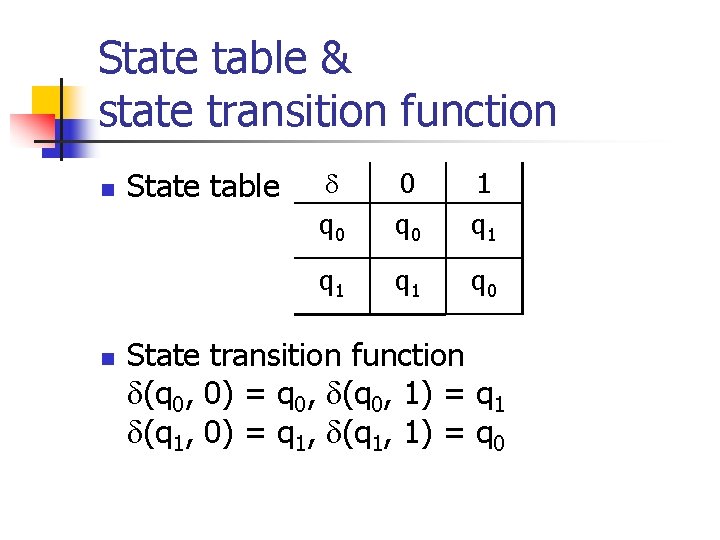 State table & state transition function n n State table q 0 0 q