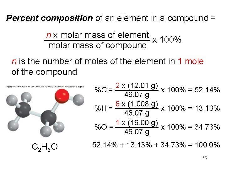 Percent composition of an element in a compound = n x molar mass of