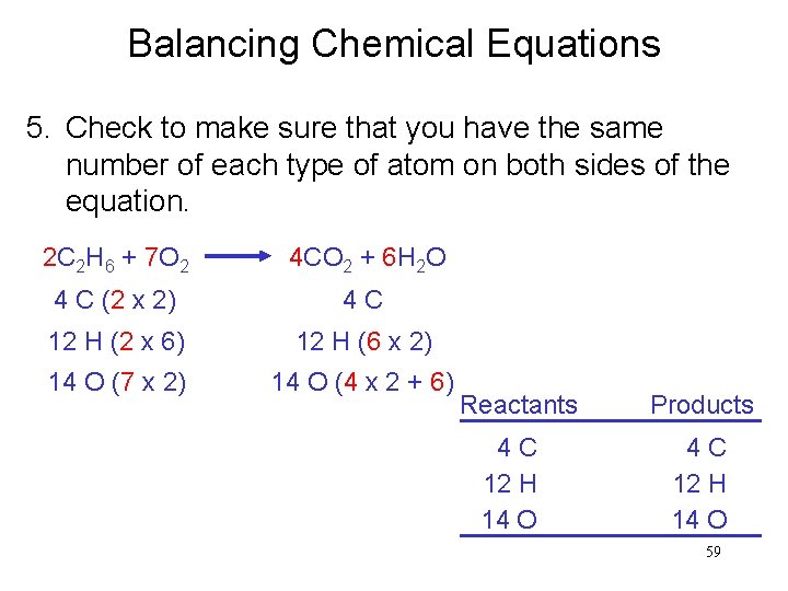 Balancing Chemical Equations 5. Check to make sure that you have the same number Balancing Chemical Equations 5. Check to make sure that you have the same number