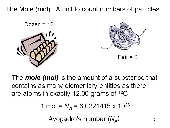 The Mole (mol): A unit to count numbers of particles Dozen = 12 Pair The Mole (mol): A unit to count numbers of particles Dozen = 12 Pair