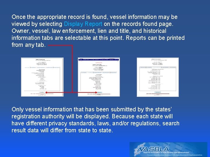Once the appropriate record is found, vessel information may be viewed by selecting Display