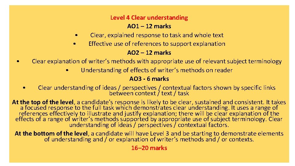 Level 4 Clear understanding AO 1 – 12 marks • Clear, explained response to Level 4 Clear understanding AO 1 – 12 marks • Clear, explained response to