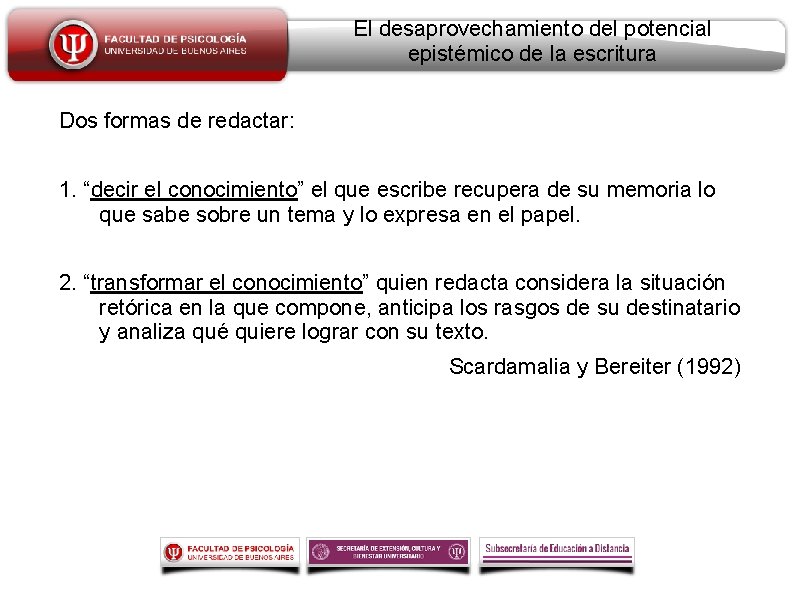 El desaprovechamiento del potencial epistémico de la escritura Dos formas de redactar: 1. “decir