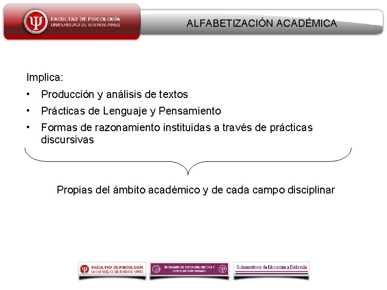 ALFABETIZACIÓN ACADÉMICA Implica: • Producción y análisis de textos • Prácticas de Lenguaje y