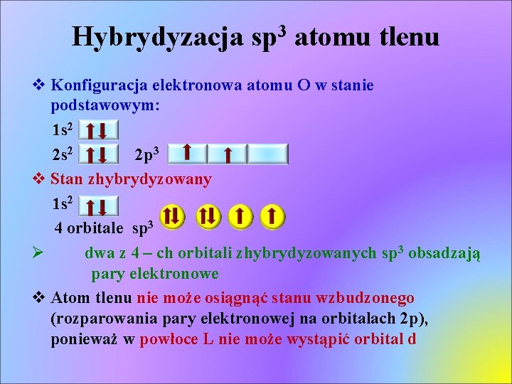 Hybrydyzacja sp 3 atomu tlenu v Konfiguracja elektronowa atomu O w stanie podstawowym: 1