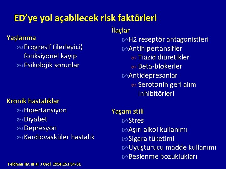 ED’ye yol açabilecek risk faktörleri Yaşlanma Progresif (ilerleyici) fonksiyonel kayıp Psikolojik sorunlar Kronik hastalıklar