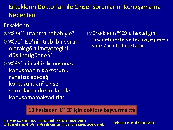 Erkeklerin Doktorları ile Cinsel Sorunlarını Konuşamama Nedenleri Erkeklerin %74’ü utanma sebebiyle 1 %71’i ED’nin