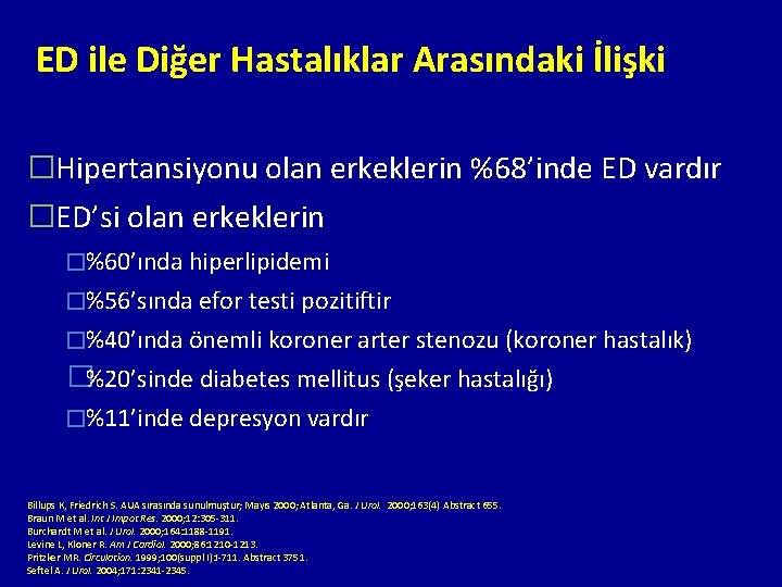 ED ile Diğer Hastalıklar Arasındaki İlişki �Hipertansiyonu olan erkeklerin %68’inde ED vardır �ED’si olan