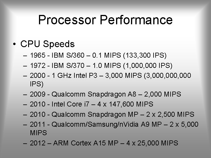 Processor Performance • CPU Speeds – 1965 - IBM S/360 – 0. 1 MIPS