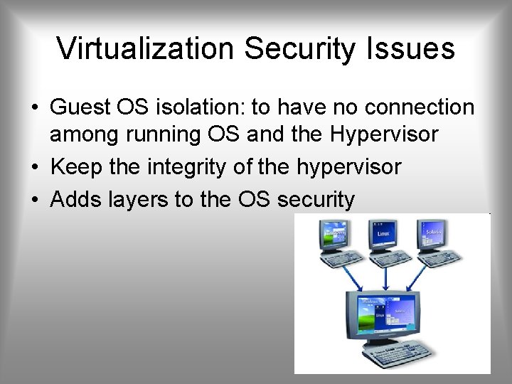 Virtualization Security Issues • Guest OS isolation: to have no connection among running OS