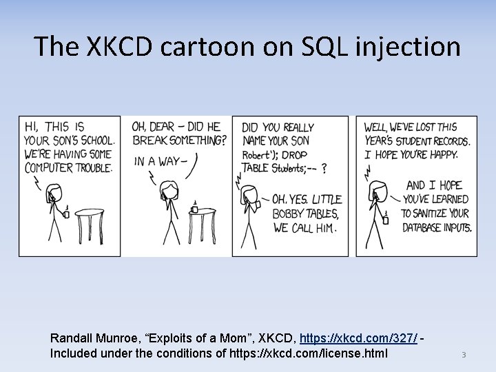 The XKCD cartoon on SQL injection Randall Munroe, “Exploits of a Mom”, XKCD, https: