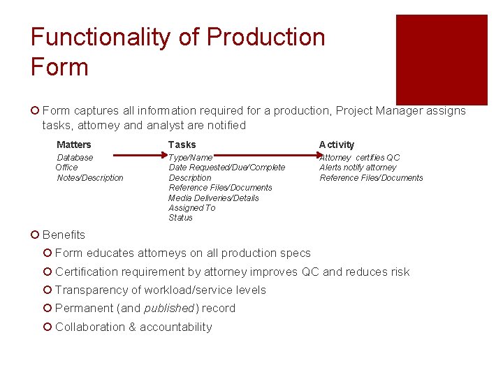 Functionality of Production Form ¡ Form captures all information required for a production, Project