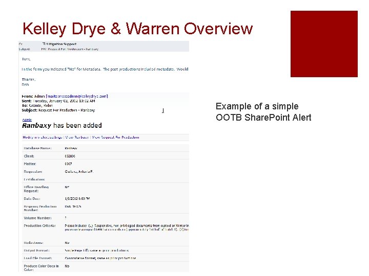 Kelley Drye & Warren Overview Example of a simple OOTB Share. Point Alert 