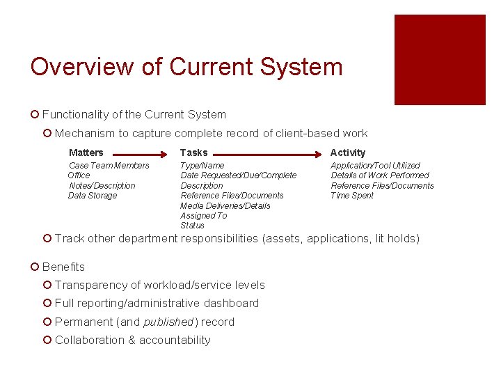 Overview of Current System ¡ Functionality of the Current System ¡ Mechanism to capture