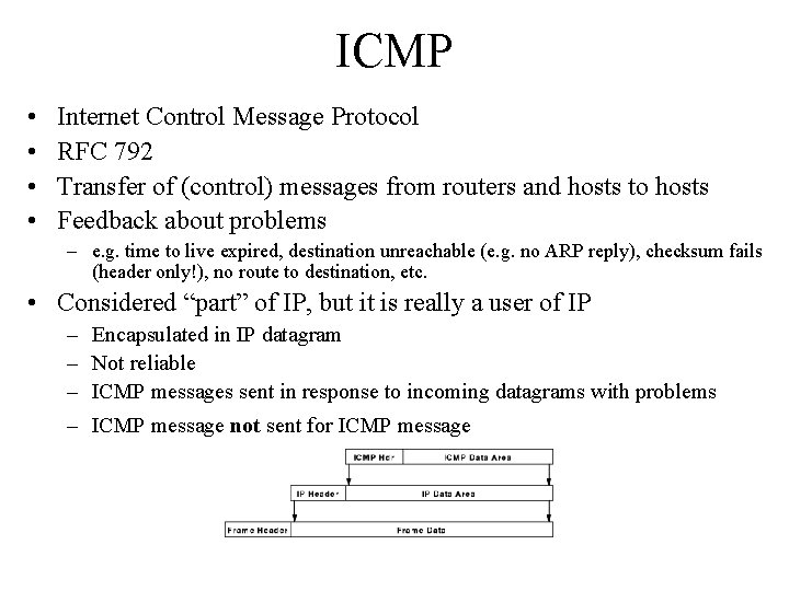 ICMP • • Internet Control Message Protocol RFC 792 Transfer of (control) messages from ICMP • • Internet Control Message Protocol RFC 792 Transfer of (control) messages from