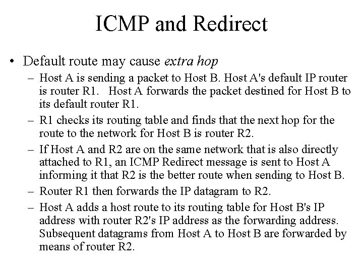 ICMP and Redirect • Default route may cause extra hop – Host A is ICMP and Redirect • Default route may cause extra hop – Host A is