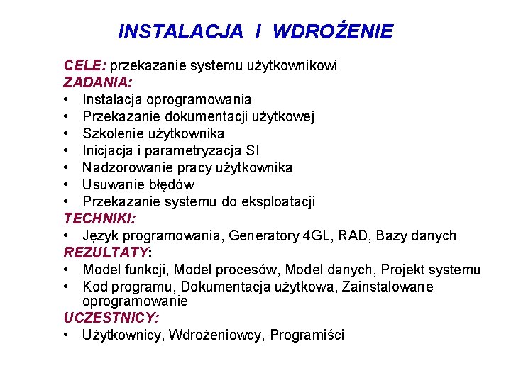 INSTALACJA I WDROŻENIE CELE: przekazanie systemu użytkownikowi ZADANIA: • Instalacja oprogramowania • Przekazanie dokumentacji